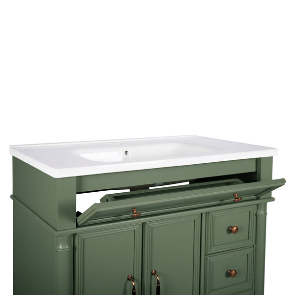 English Elm 35.6" Freestanding Bathroom Vanity with Roman Column Base and Ceramic Integrated Sink W1801S00008