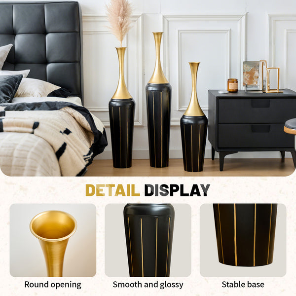 English Elm 3-piece Handcrafted Metal Floor Vase Set Matte Finish Architectural Trio for Entryway Black+Gold W2796P446204