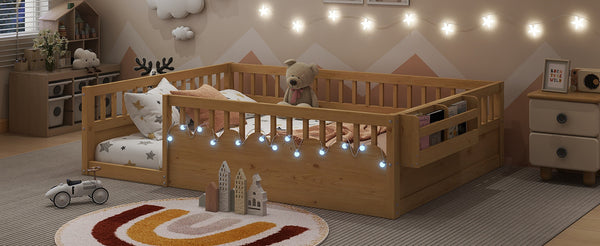English Elm Full Montessori floor bed offering high rails, built-in light and shelf for safe independent sleep and storage Natural 79.13 L x 13 W x 6.3 H W2593P333587