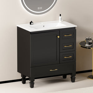 English Elm 30"black Matte Finish Bathroom Vanity with Soft Close Cabinet and Three Storage Drawers Black W3133S00018