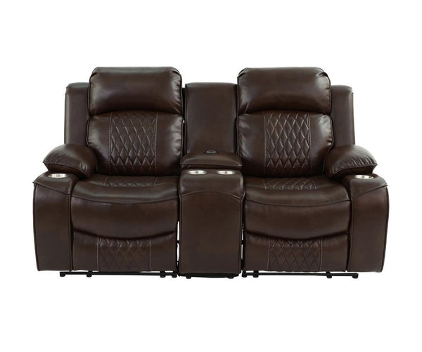 English Elm Power Motion Loveseat - Contemporary Brown Gel Leatherette With Usb, Cup Holders & Storage Arms B011S01066-GIGA