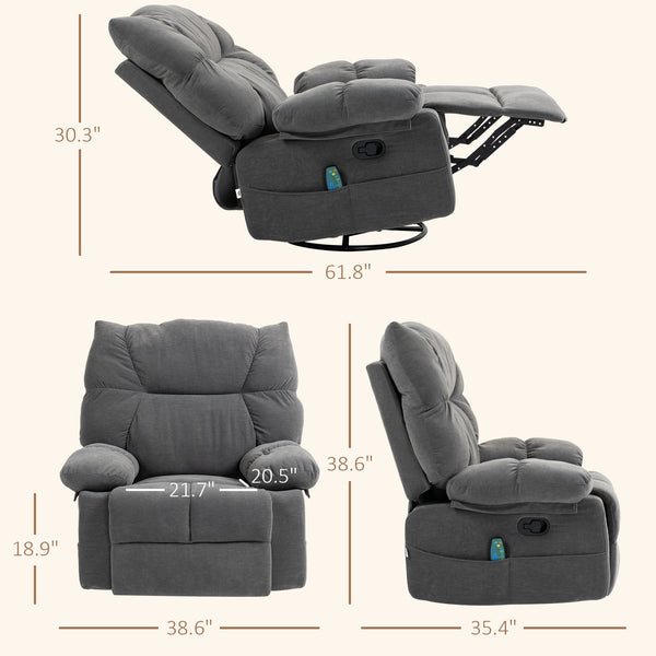 English Elm HOMCOM Oversized Vibration Massage Recliner with Heat, Swivel Rocker, Footrest, Remote, Pockets W2225P217222