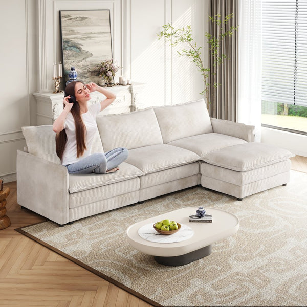 English Elm Corduroy 3-Seater L-Shaped Cloud Couch With Movable Ottoman For Ultimate Comfort And Style W834S00430