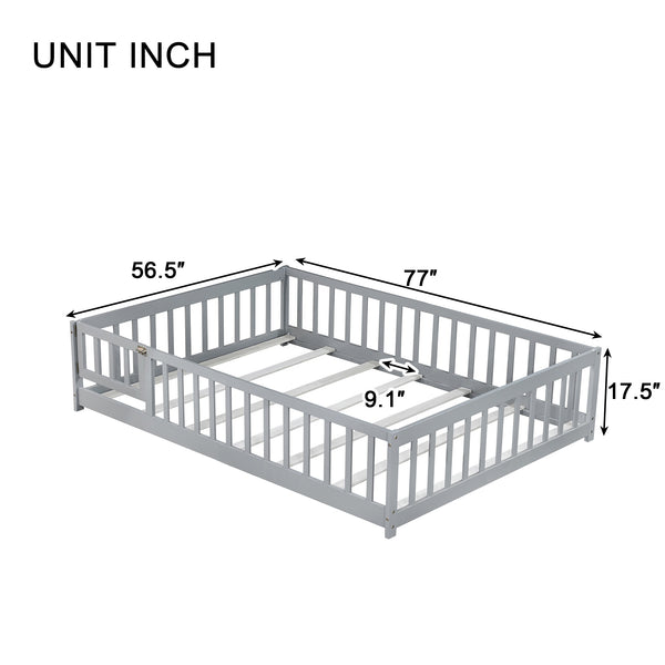 English Elm Twin Solid Rubberwood Floor Bed with Full Perimeter Safety Rails for Toddler Rooms Grey W504P296784