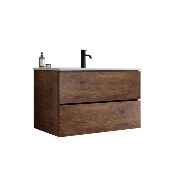 English Elm Alice Floating Bathroom Vanity Rosewood Finish Engineered Stone Basin Triple Drawer W1865S00235