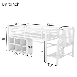 English Elm Twin Metal Loft Bed with Stairs and Six Storage Cubbies, Sturdy Metal Slat Support, Safe Low Design for Kids White 75.2 L x 17.72 W x 9.45 H W2593P305721
