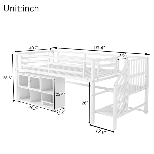 English Elm Twin Metal Loft Bed with Stairs and Six Storage Cubbies, Sturdy Metal Slat Support, Safe Low Design for Kids White 75.2 L x 17.72 W x 9.45 H W2593P305721