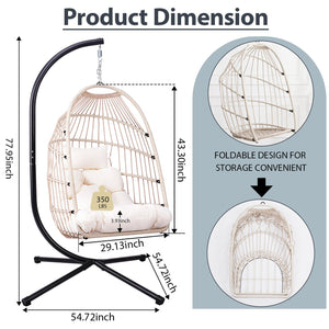 English Elm Foldable Hanging Egg Chair with Stand Pillow, HDPE Wicker, Rust‑Resistant Frame, Cushioned Headrest, 350lb Capacity White W2500P369689