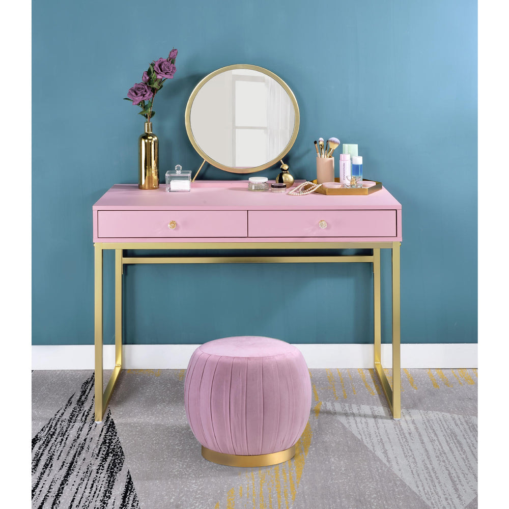English Elm 2 Drawers Vanity Desk With Mirror & Jewelry Tray - Chic Pink & Gold Design For Elegant Spaces B016P317466
