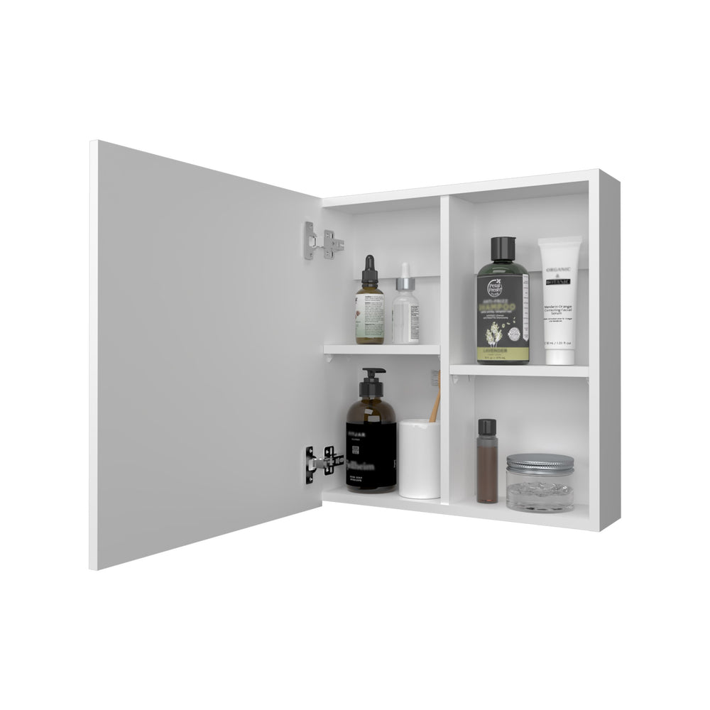 English Elm Morenci wall-mounted bathroom cabinet with mirrored door, four internal shelves for tidy storage and style White 27.2 L x 24.8 W x 4.3 H B128P237176
