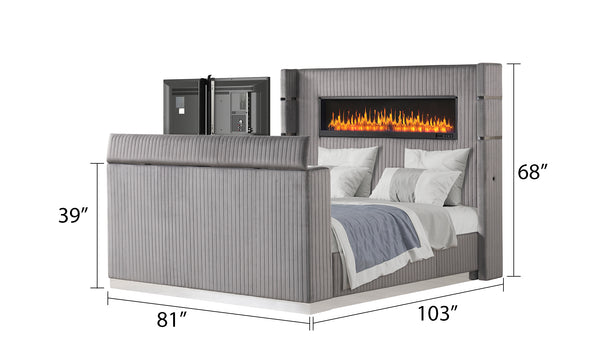 English Elm Lavish King Bed With Integrated Fireplace Headboard & Footboard Tv Stand - Contemporary Grey Design B009S01418