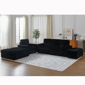 English Elm Corduroy minimalist coffee table conversion sofa set with cup grooves, recliner comfort and L-shaped layout for hosting Black W834S00547