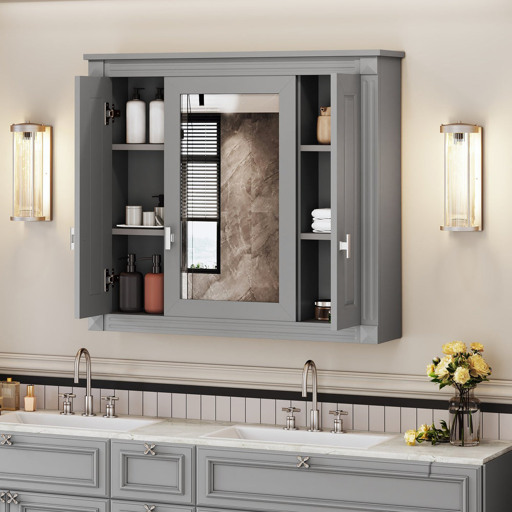 English Elm Bathroom Wall Cabinet Mirrored Mdf Three Door Over Toilet Gray Storage Unit N710P252503E