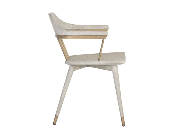 Sunpan DEMI Dining Armchair – Elegant Grey Upholstered Chair with Solid Oak Base & Antique Brass Accents 107288