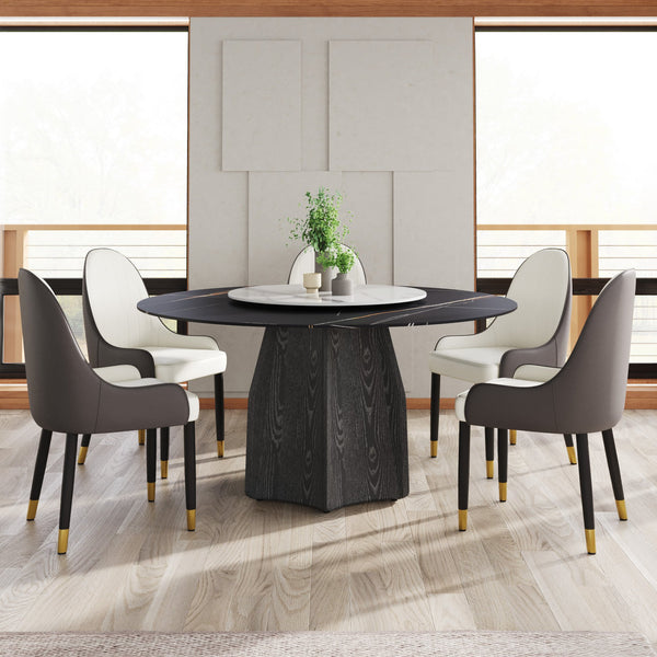 English Elm 59.05" Round Marble Dining Table With Black Wood Base, Turntable & Seating For 6-8, Modern Elegance W1535S00383