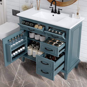 English Elm 36 Inch Bathroom Vanity With Ceramic Sink, Adjustable Shelf, Stylish Storage, Modern Blue Finish N725P336554C