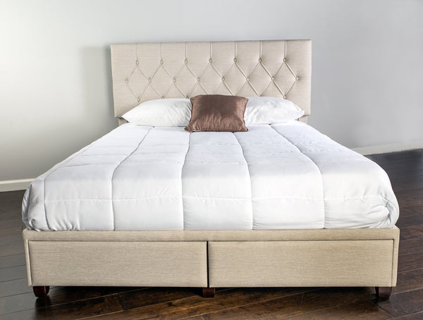 English Elm King Upholstered Storage Bed with 2 Spacious Drawers, Sleek Polyester Fabric, Modern Platform Design Light beige 82 L x 26.75 W x 16.75 H B2699P293585