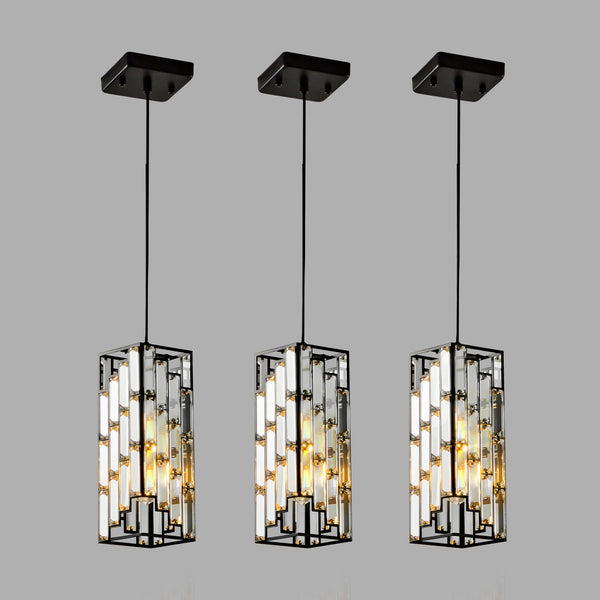 English Elm 4" Modern Crystal Pendant Light 3-Pack — Adjustable Hanging Ceiling Lamp with Prism Accents for Dining Room Ambiance Black W1340P208474
