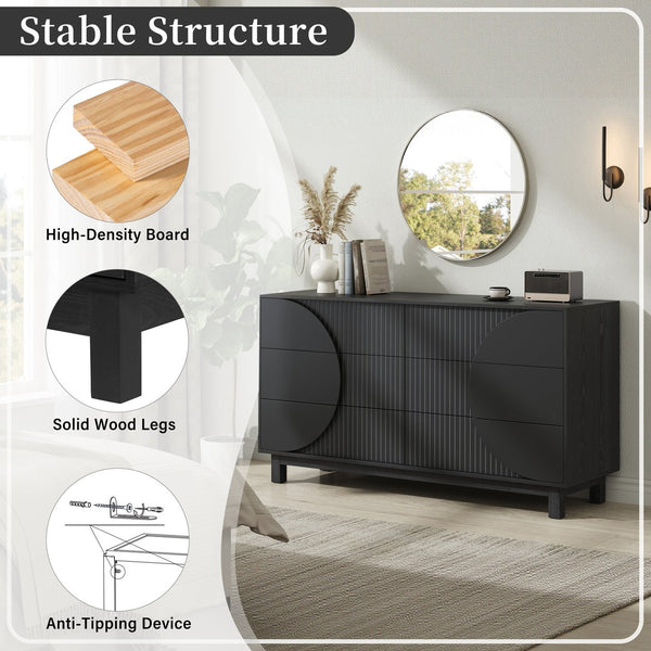 English Elm Modern Fluted 6 Drawer Dresser with Solid Wood Legs Japandi Chest for Bedroom Carbon Black N739S0000015E