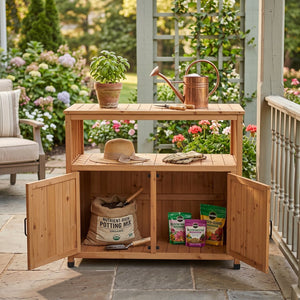 English Elm Wooden Solid Bar Height Buffet Cabinet with Slatted Panels for Patio or Dining Room W2640P330336
