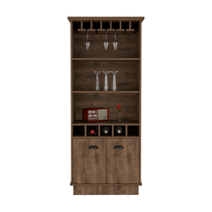 English Elm Bar Cabinet 70"H with Wine Rack, Glass Upper Display, 3 Open Shelves & Lower Storage, Dark Brown B097S00119