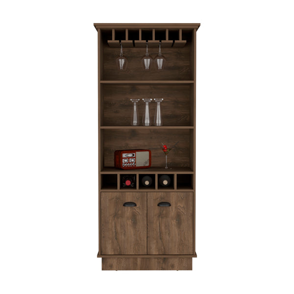 English Elm Bar Cabinet 70"H with Wine Rack, Glass Upper Display, 3 Open Shelves & Lower Storage, Dark Brown B097S00119