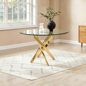 English Elm Modern Round Tempered Glass Dining Table with Glam Gold Iron Base for Compact Spaces Golden W3590S00009
