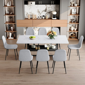 English Elm Table Set With 8 Light Gray Chairs - Modern 71" Dining Table With Hidden Storage For Minimalist Homes W1151S04262-GIGA