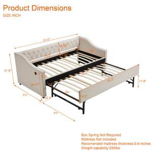 English Elm Twin Velvet Daybed with Pull Out Trundle Tufted Back Usb Port and Side Pockets Beige W1361S00035