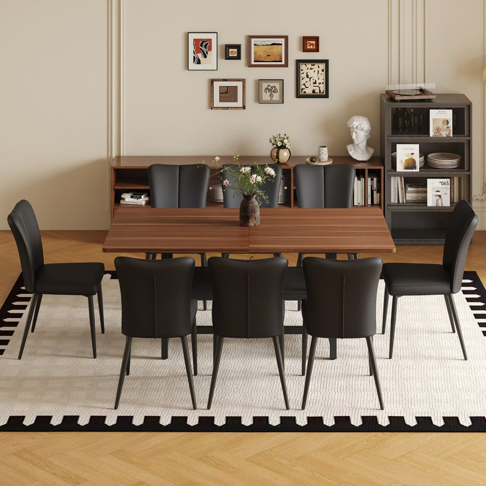 English Elm Table Set: Modern Walnut Grain Dining Table With 8 Black Pu Chairs For Stylish Comfort & Storage W1151S04287-GIGA