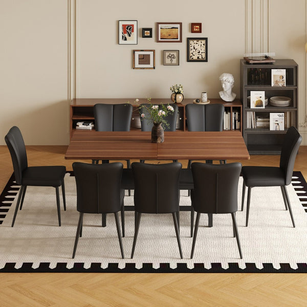 English Elm Table Set: Modern Walnut Grain Dining Table With 8 Black Pu Chairs For Stylish Comfort & Storage W1151S04287-GIGA