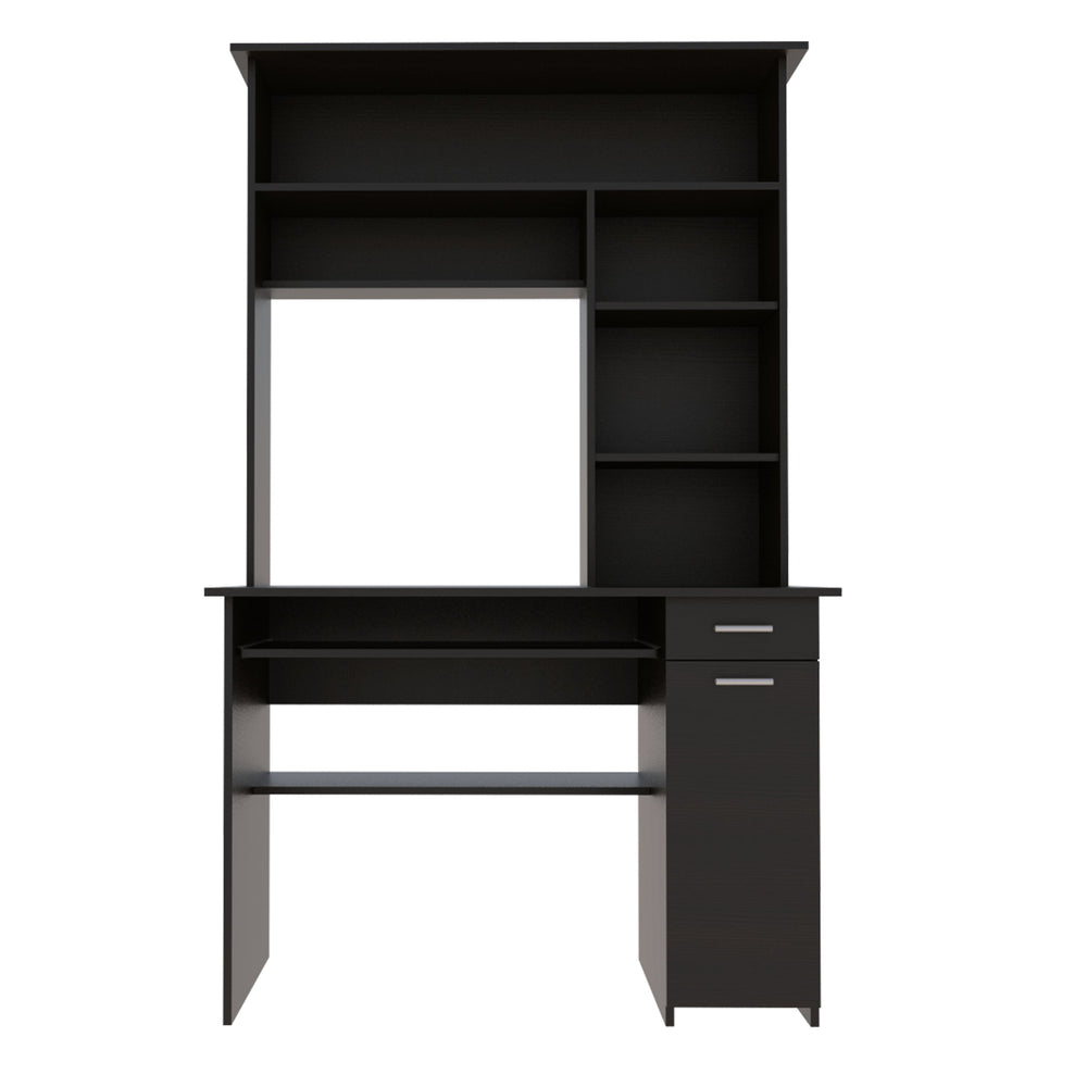 English Elm Compu 180 Hutch Desk With Shelves, Drawer & Keyboard Tray - Stylish Black Design For Small Spaces B200S00006