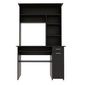 English Elm Compu 180 Hutch Desk With Shelves, Drawer & Keyboard Tray - Stylish Black Design For Small Spaces B200S00006