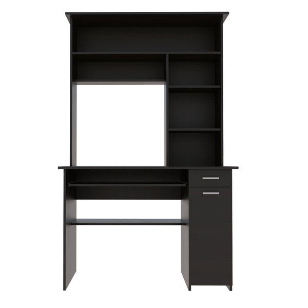 English Elm Compu 180 Hutch Desk With Shelves, Drawer & Keyboard Tray - Stylish Black Design For Small Spaces B200S00006