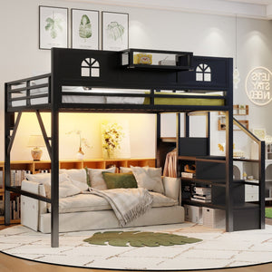 English Elm Metal Queen Loft Bed with L Shaped Desk Wardrobe Led Lighting and Usb for Teens Black W2593S00061