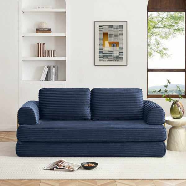 English Elm Convertible Floor Sofa Futon with Corduroy Upholstery for Living Room Lounging and Sleeping Blue W1117P434731