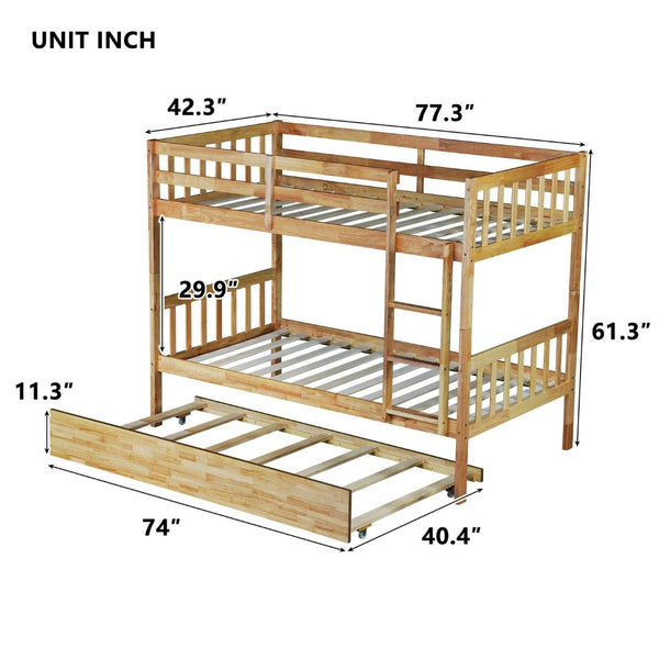 English Elm Twin Over Twin Bunk Bed With Trundle - Versatile Rubberwood Design, Safety Guardrails, Rustic Oak Finish W504S00159-GIGA