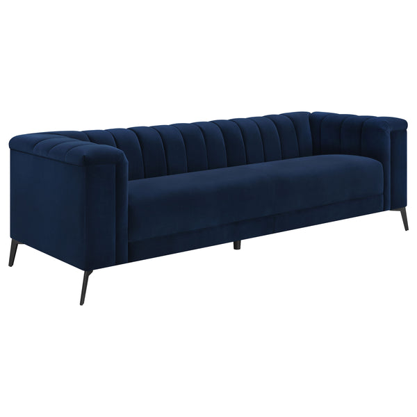 English Elm Darci Blue Velvet Tuxedo Sofa with Channel Tufting and Angled Black Metal Legs — Luxe Accent Seating B062P357812