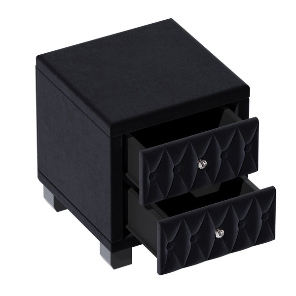 English Elm Elegant Velvet Upholstered Nightstand with Crystal Knobs Tufted Glam Bedside Storage Black N733P210398B