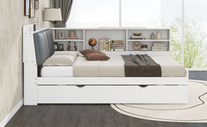 English Elm Wood Full Size platform bed with trundle, built-in storage headboard and shelves, sturdy pine frame White GX002055AAK