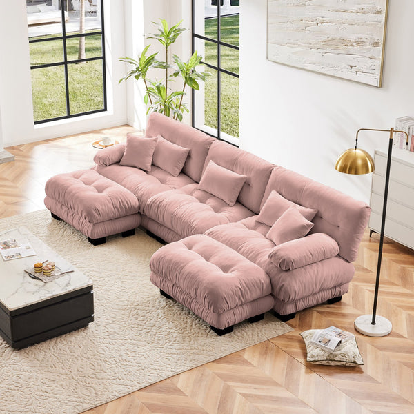English Elm Luxury U-Shaped Modular Sectional Sofa - Oversized Deep Seat Chenille Couch With 2 Ottomans In Pink W714S01012