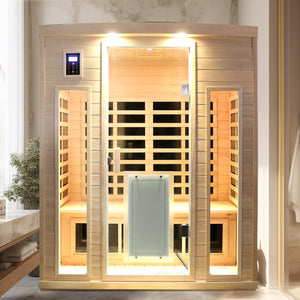 English Elm Low Emf Far Infrared Three Person Hemlock Sauna with Glass Door Heating Panels W632S00030