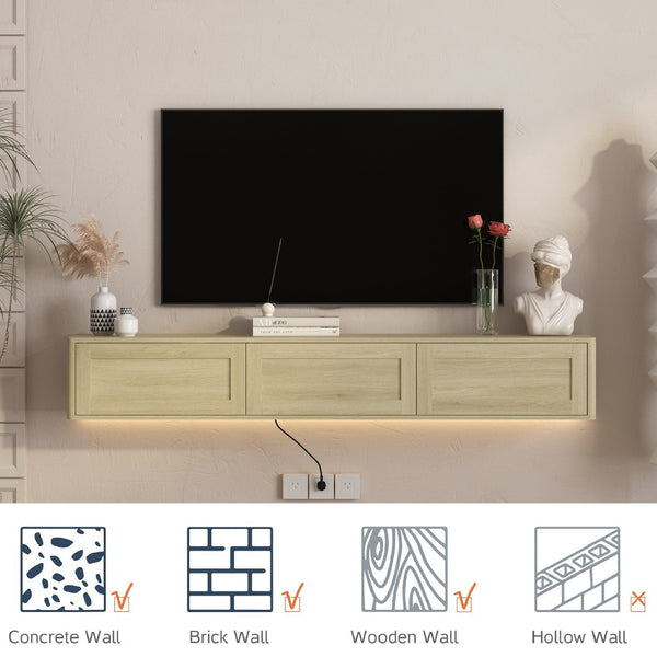 English Elm Floating Wall Mounted Tv Shelf with Led Backlight Gloss Cabinet and Built in Power Strip W1321P391272