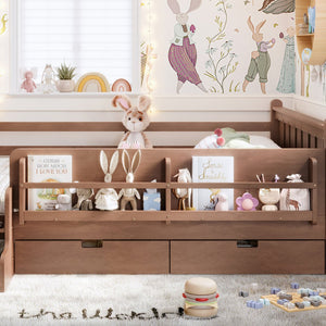 English Elm Queen Bunk Bed with Trundle Solid Pine Kids Car Themed Frame Built-in Bookshelf Natural W1580S00543