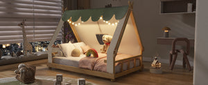 English Elm Twin Cabin Bed with Detachable Tent Skylight and Woodland Deer Antler Accents White N708P356717K
