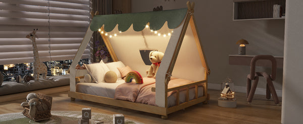 English Elm Twin Cabin Bed with Detachable Tent Skylight and Woodland Deer Antler Accents White N708P356717K