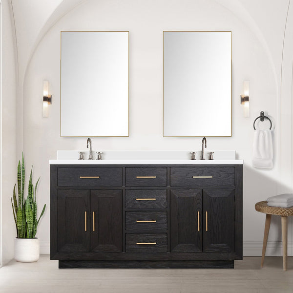 English Elm Black Oak Double Bath Vanity Set With Cultured Marble Top & Two Frameless Mirrors For Modern Style B2731S02139