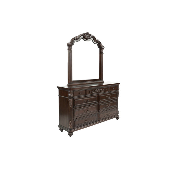 English Elm Traditional Antique Cherry/Walnut Dresser with Mirror, 9 Drawers, Carved Floral Accents, Metal Hardware and Bun Feet B011S01151