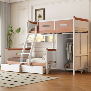 English Elm Twin Over Full Wooden Bunk Bed With Stylish Storage, Led Light, Drawers, And Wardrobe In White & Orange N820S00063K-GIGA
