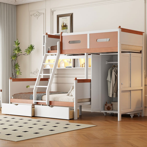 English Elm Twin Over Full Wooden Bunk Bed With Stylish Storage, Led Light, Drawers, And Wardrobe In White & Orange N820S00063K-GIGA